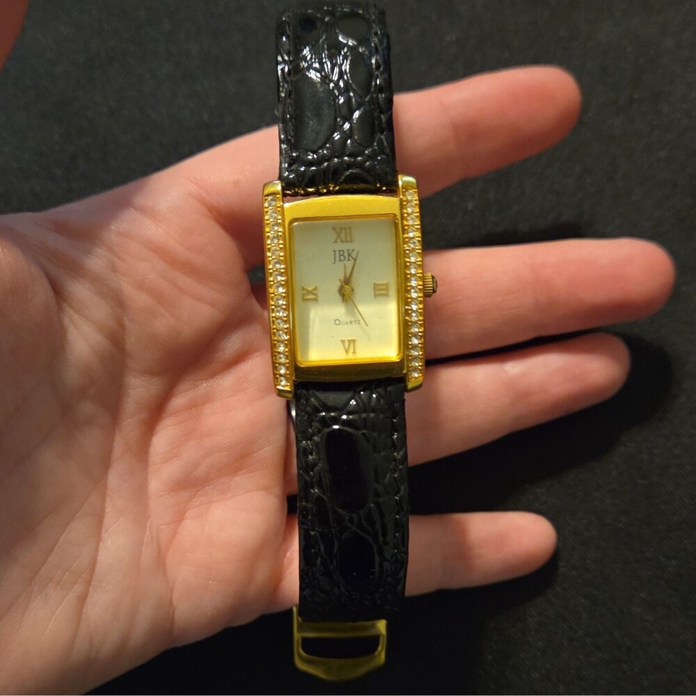 Vintage JBK Jacqueline Kennedy Camrose Kross Gold Tank Watch Rhinestone Black Ba